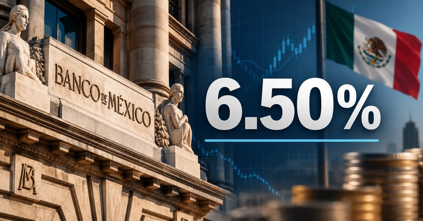 Tasa de interés de 6.50% junto a una representación del Banco de México, gráficas financieras y la bandera mexicana.