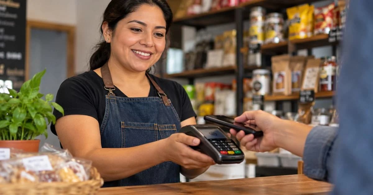 Comerciante cobra con una terminal mientras un cliente realiza un pago digital con teléfono