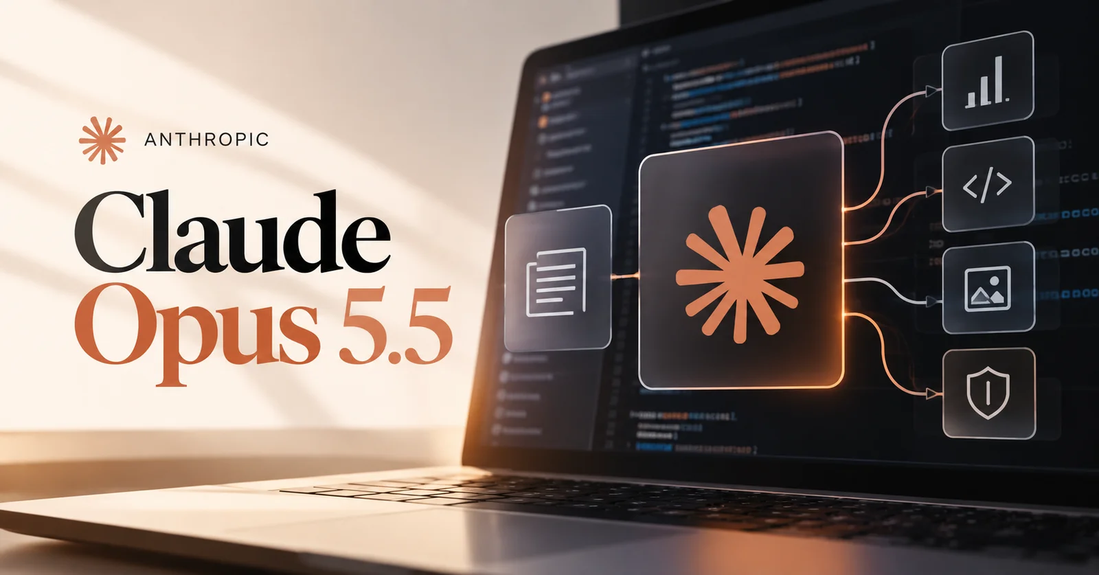 Claude Opus 5.5 en una composición conceptual con una computadora, código y símbolos de documentos, gráficas y seguridad.