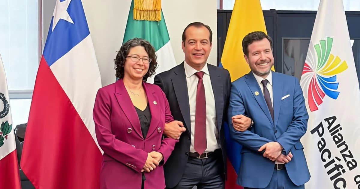 Tres participantes posan junto a banderas oficiales de países de la Alianza del Pacífico