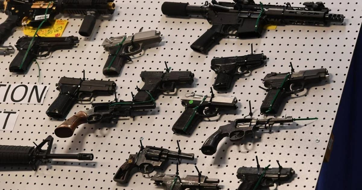 Pistolas, revólveres y rifles sujetos con cinchos a un panel de exhibición