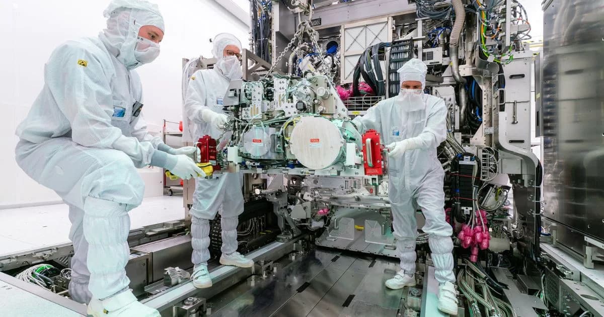 Tres trabajadores con trajes de sala limpia manipulan una pieza de maquinaria industrial de fabricación de semiconductores.
