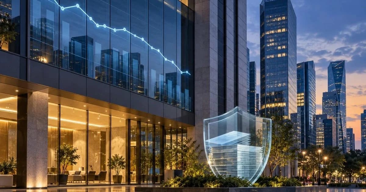 Edificios financieros modernos al atardecer con una gráfica descendente y un escudo transparente que resguarda documentos.