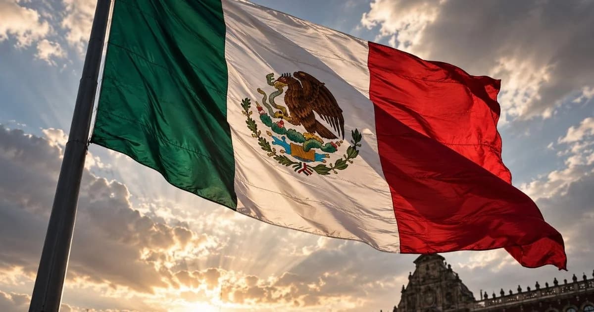 Bandera mexicana ondeando con cielo nublado y arquitectura histórica al fondo; ilustración generada con IA