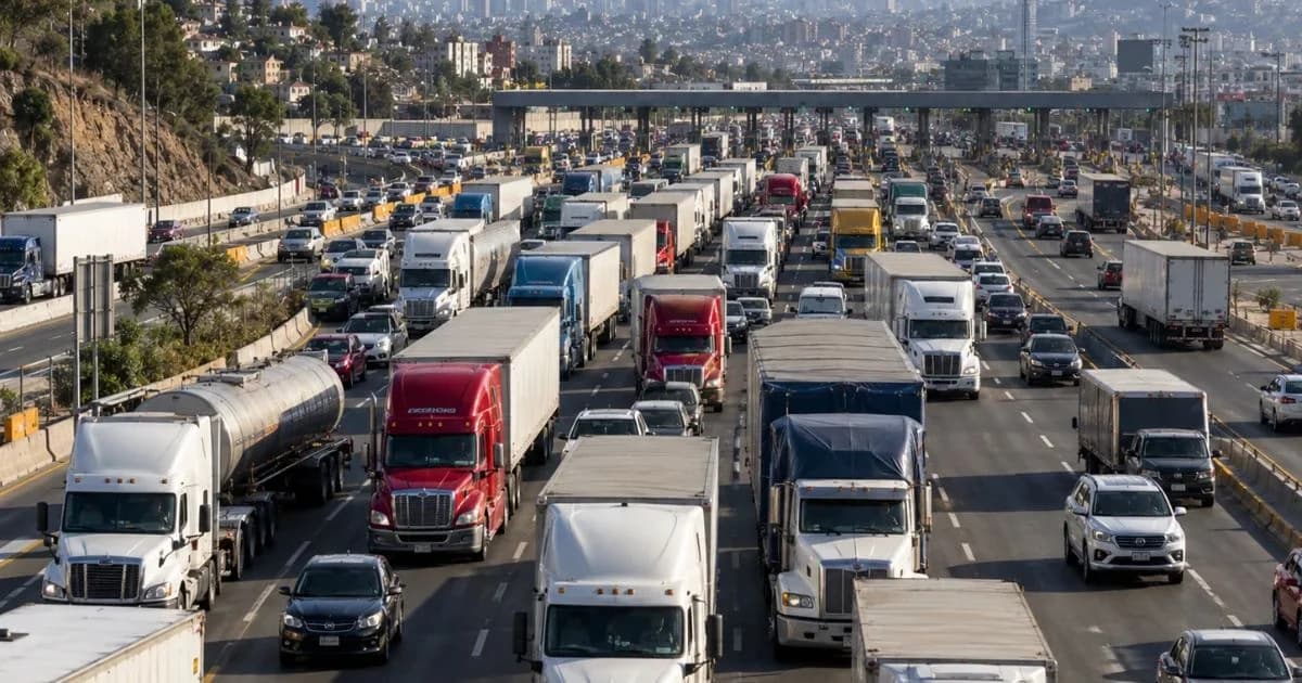 Ilustración conceptual de camiones de carga y automóviles en una autopista de varios carriles ante casetas de peaje