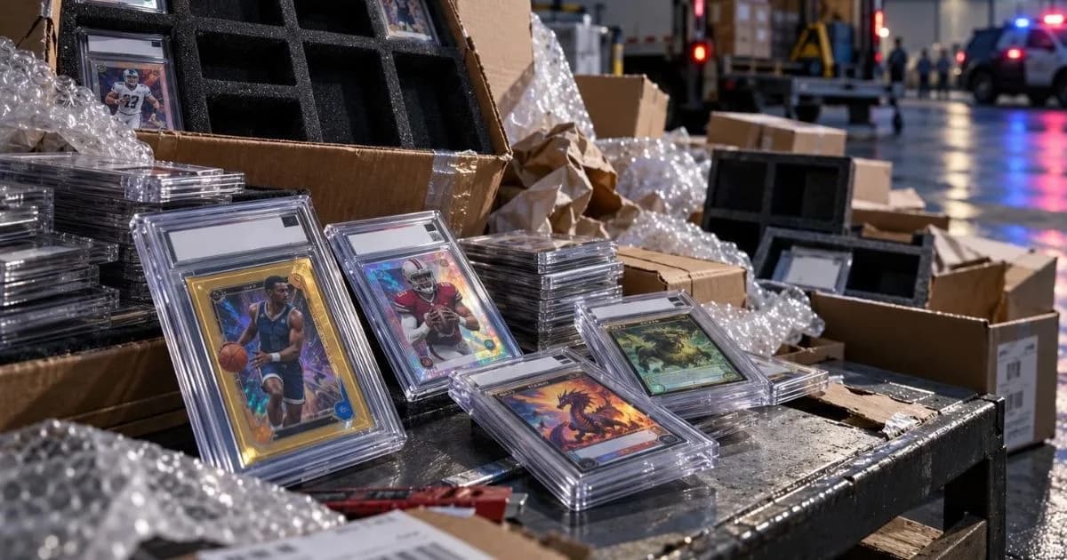 Detalle de una recreación digital con tarjetas coleccionables en estuches transparentes y cajas de envío abiertas