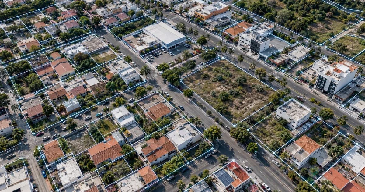 Vista aérea ilustrativa generada con IA de una zona urbana y parcelas delimitadas mediante líneas digitales catastrales