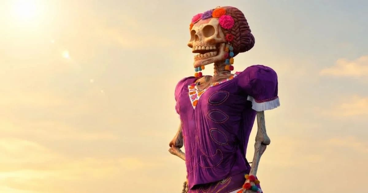 Catrina monumental con vestido morado, calavera decorada y flores de colores ante un cielo al atardecer