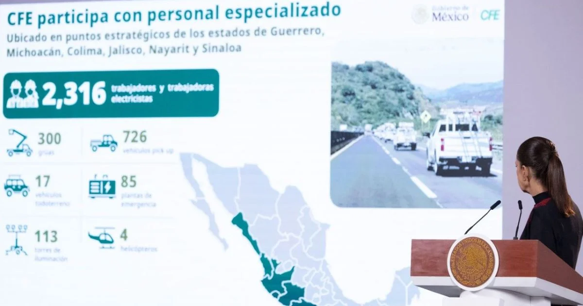 Diapositiva de la CFE con cifras de trabajadores y equipos especializados ante el huracán Simon, junto a una persona en el podio.
