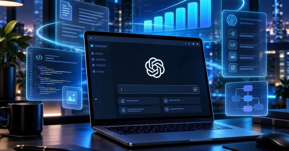 Ilustración digital de una computadora con símbolo de OpenAI, paneles de productividad y gráfica de crecimiento luminosa