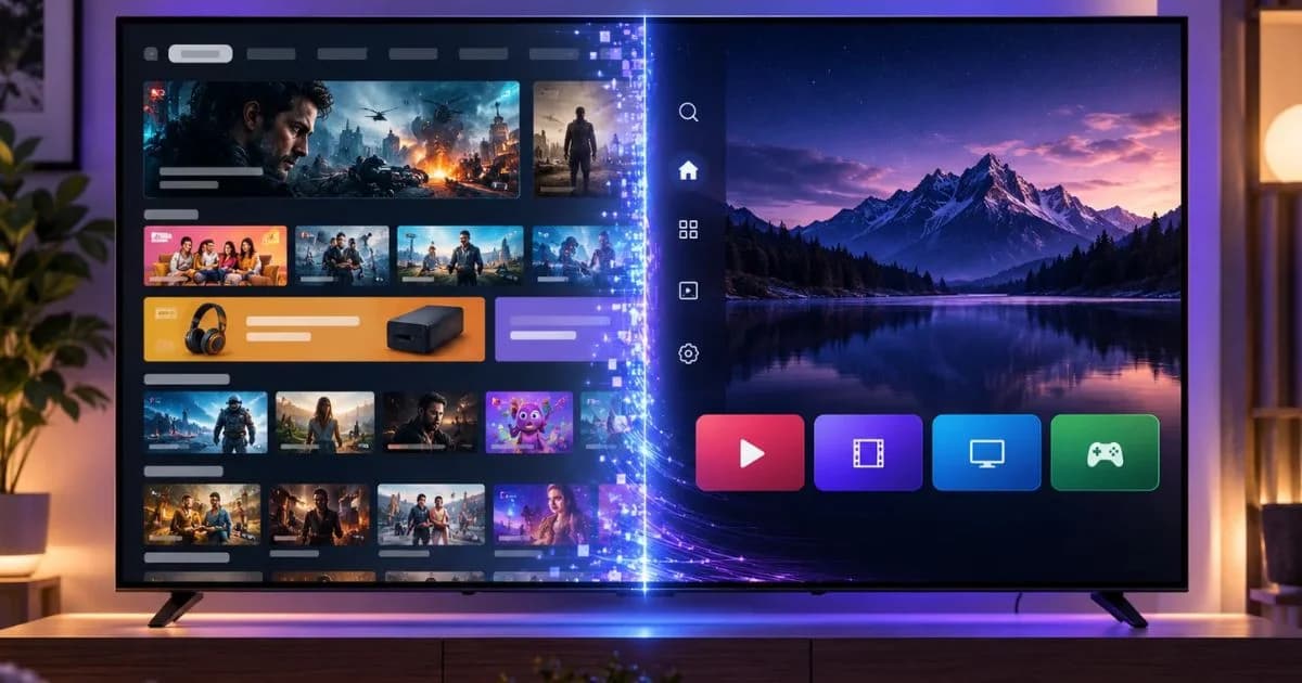 Ilustración de un televisor dividido entre una interfaz con anuncios y otra minimalista