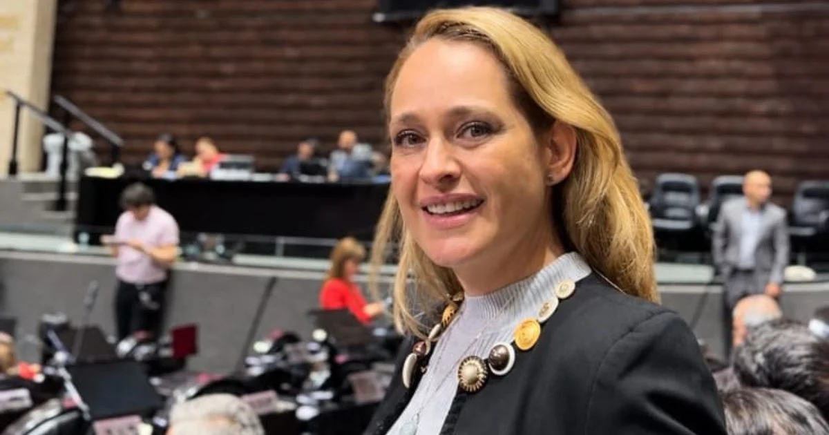 Mujer de cabello rubio y saco oscuro en el salón de sesiones de una cámara legislativa, con curules y personas al fondo