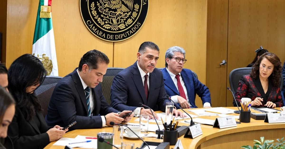 Reunión de trabajo en la Cámara de Diputados, con funcionarios y legisladores sentados alrededor de una mesa bajo el emblema de la Junta de Coordinación Política.
