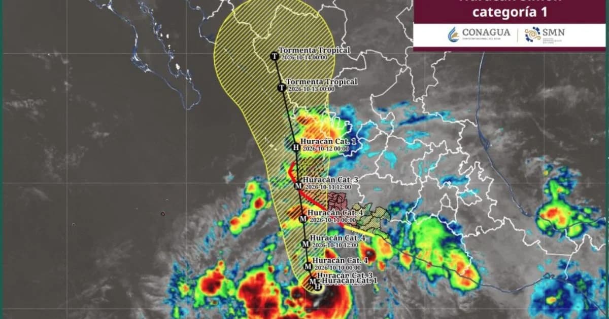 Mapa meteorológico de Conagua y SMN con la trayectoria pronosticada del huracán Simon frente a las costas del Pacífico mexicano.