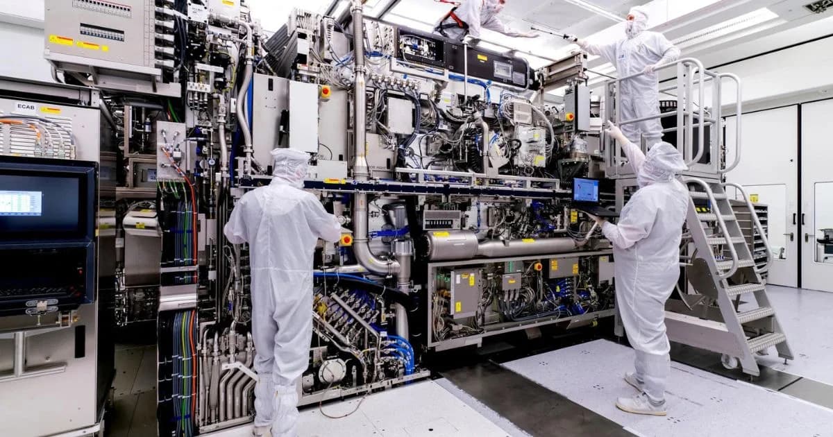 Personal técnico trabaja alrededor de una máquina de litografía de ASML en una sala limpia.