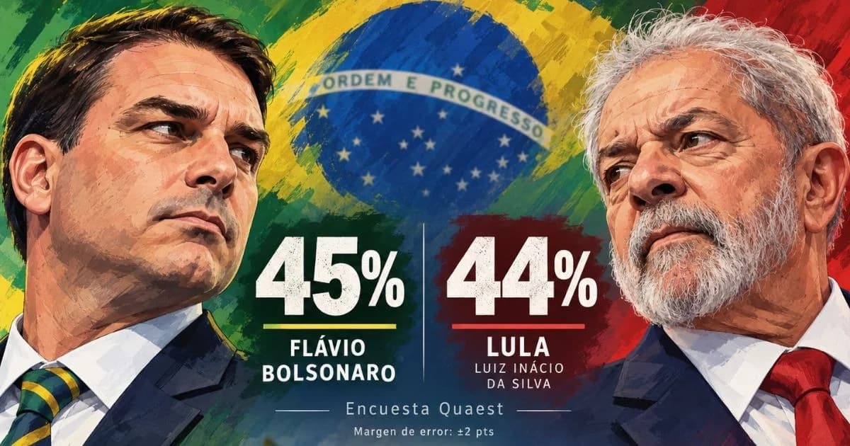 Ilustración editorial con retratos de Flávio Bolsonaro y Lula da Silva, los resultados 45% y 44% de Quaest y la bandera de Brasil