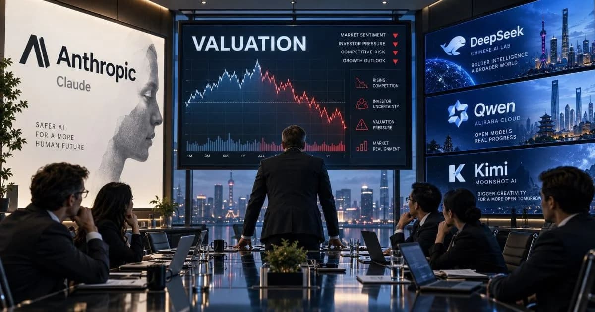Ilustración conceptual de una junta financiera con Anthropic y modelos de inteligencia artificial chinos en pantallas