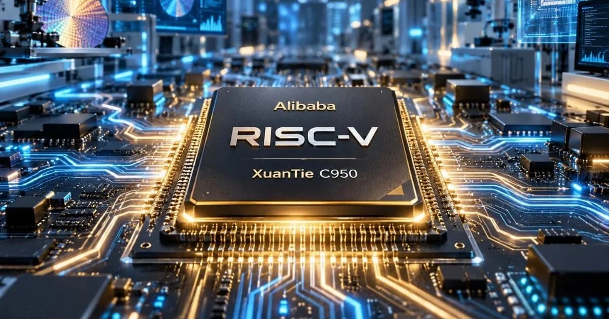 Ilustración conceptual de un procesador con inscripciones Alibaba, RISC-V y XuanTie C950, rodeado de circuitos luminosos en un laboratorio futurista