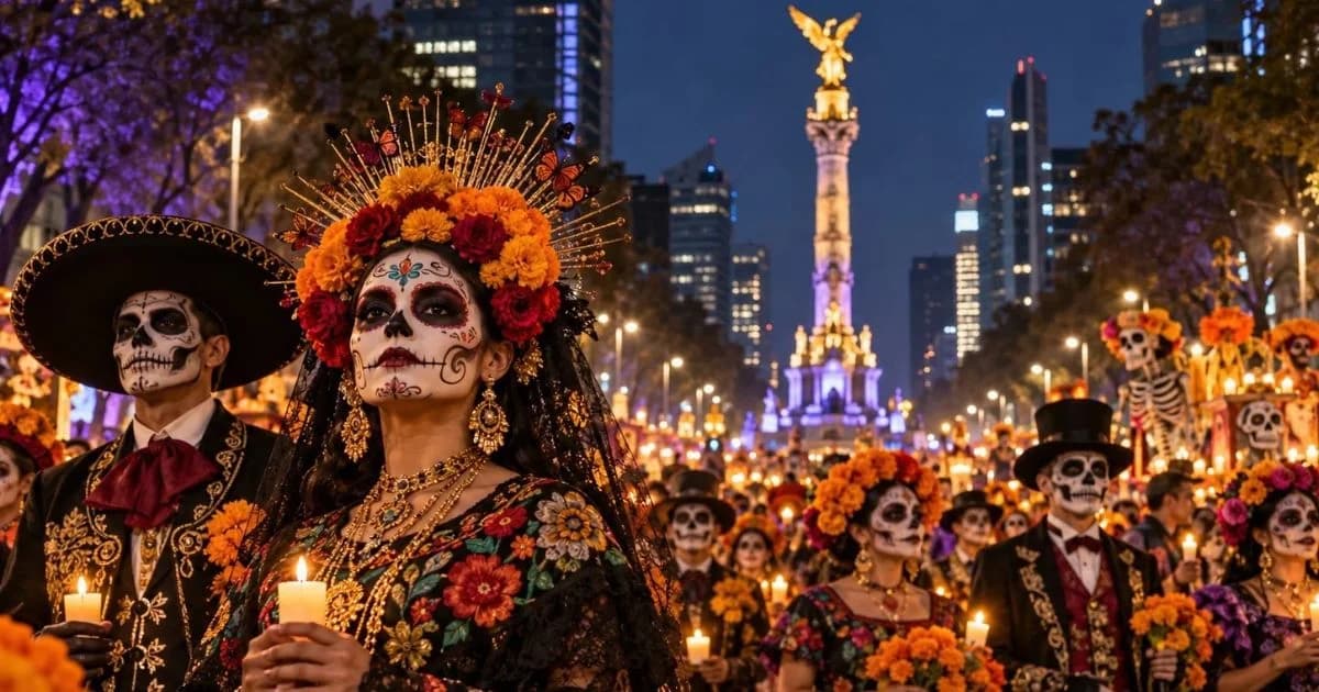 Ilustración digital de catrinas y catrines en desfile nocturno con el Ángel de la Independencia al fondo