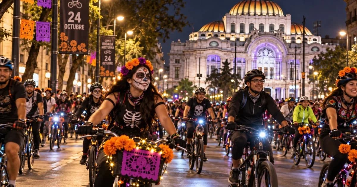 Ilustración con ciclistas y bicicletas decoradas para Día de Muertos frente a Bellas Artes