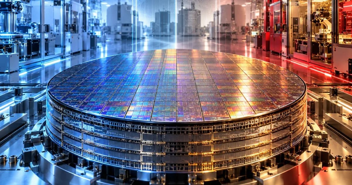 Oblea de silicio en una planta de semiconductores con iluminación azul y roja, una representación de la competencia en memoria NAND.