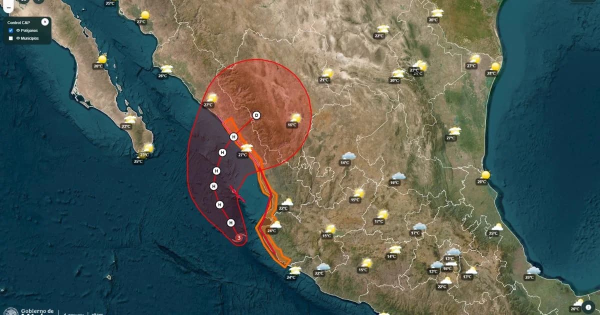 Mapa de trayectoria del huracán Simón frente al Pacífico mexicano, con áreas de riesgo marcadas en rojo y naranja.