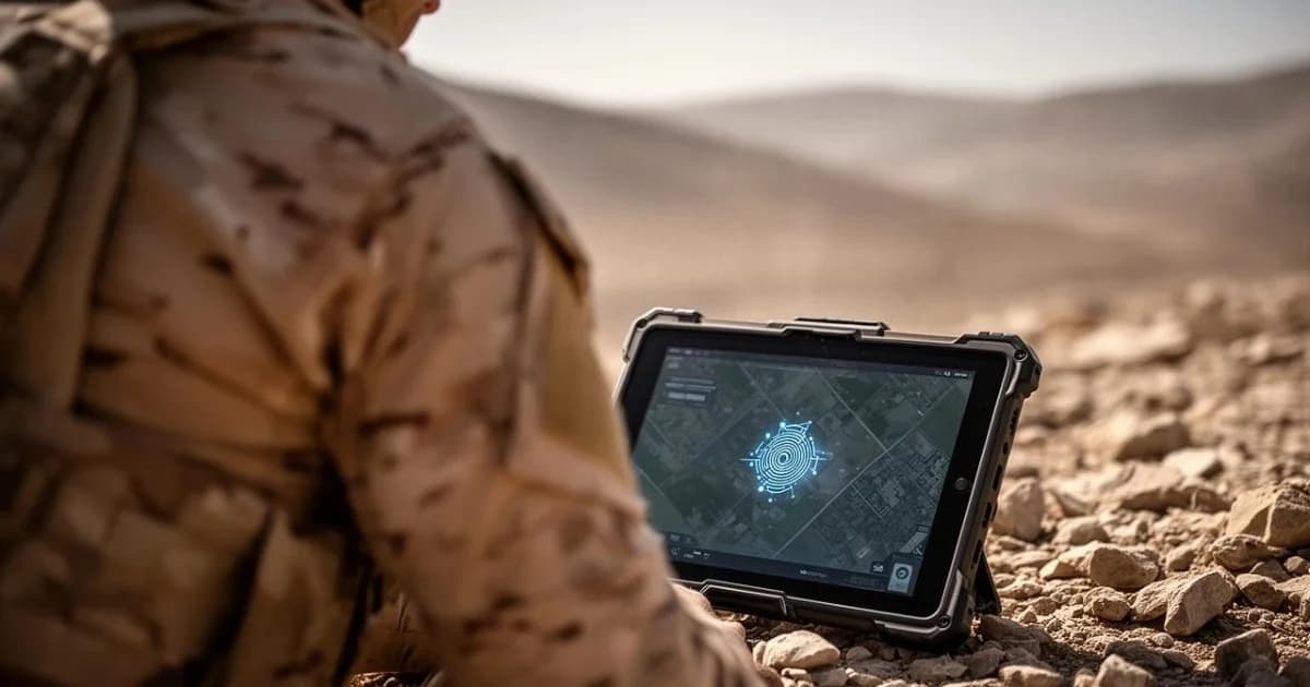 Militar consulta una tableta con un mapa digital durante una operación en terreno árido