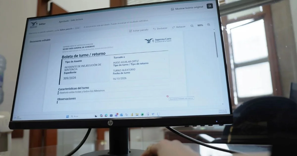 Pantalla de computadora que muestra una boleta de turno de la Suprema Corte de Justicia de la Nación