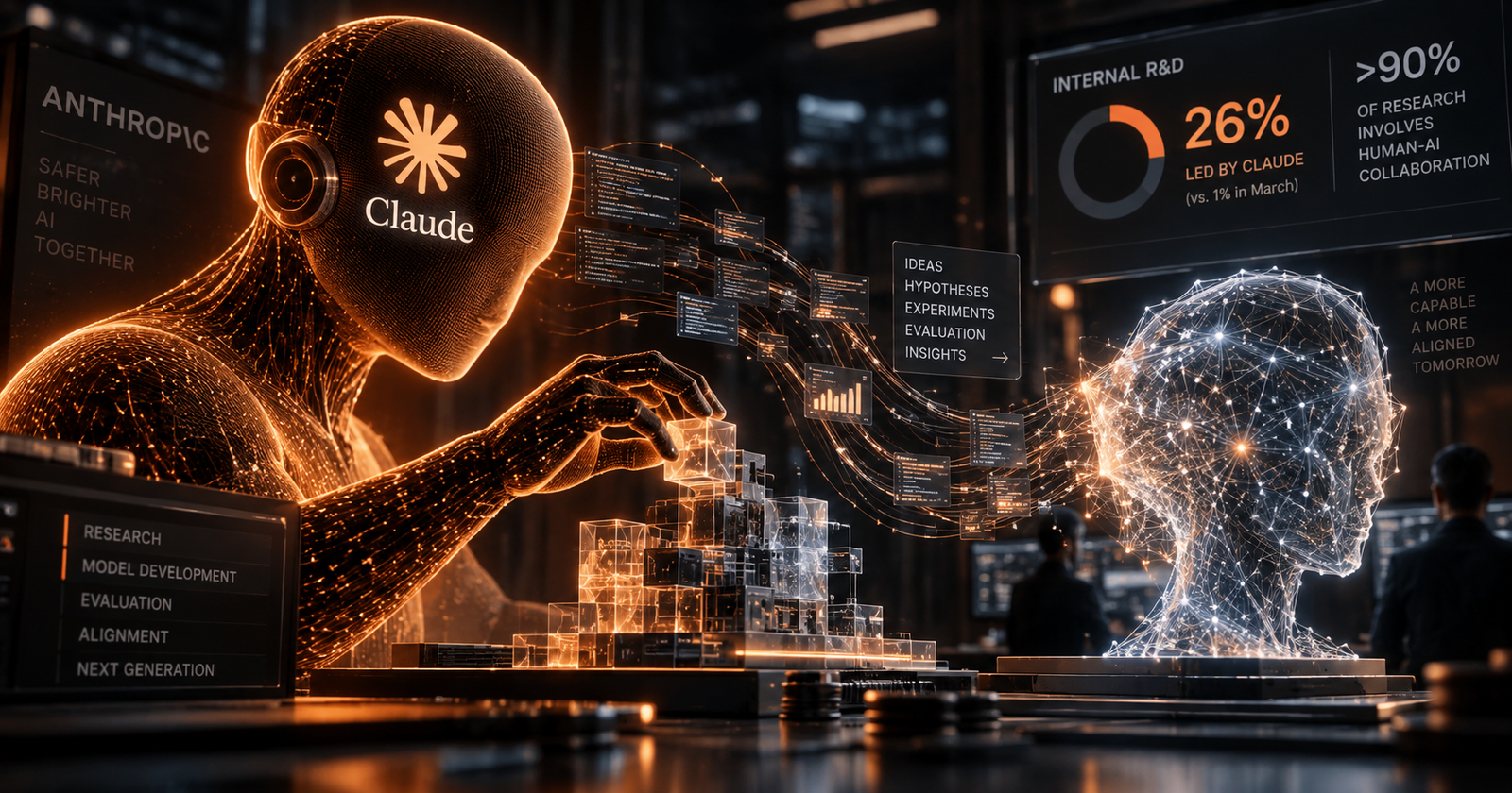 Ilustración conceptual de Claude en Anthropic participando en investigación y desarrollo de inteligencia artificial