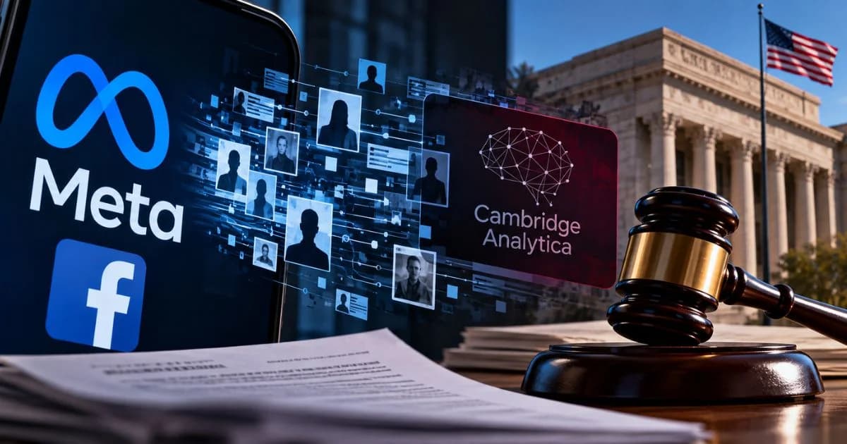 Composición editorial sobre Meta, privacidad de datos, Cambridge Analytica y un proceso judicial.