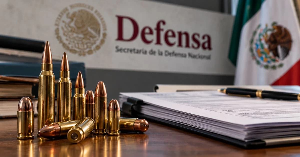 Registro de armas representado con cartuchos, documentos administrativos, la identidad visual de Defensa y una bandera de México.