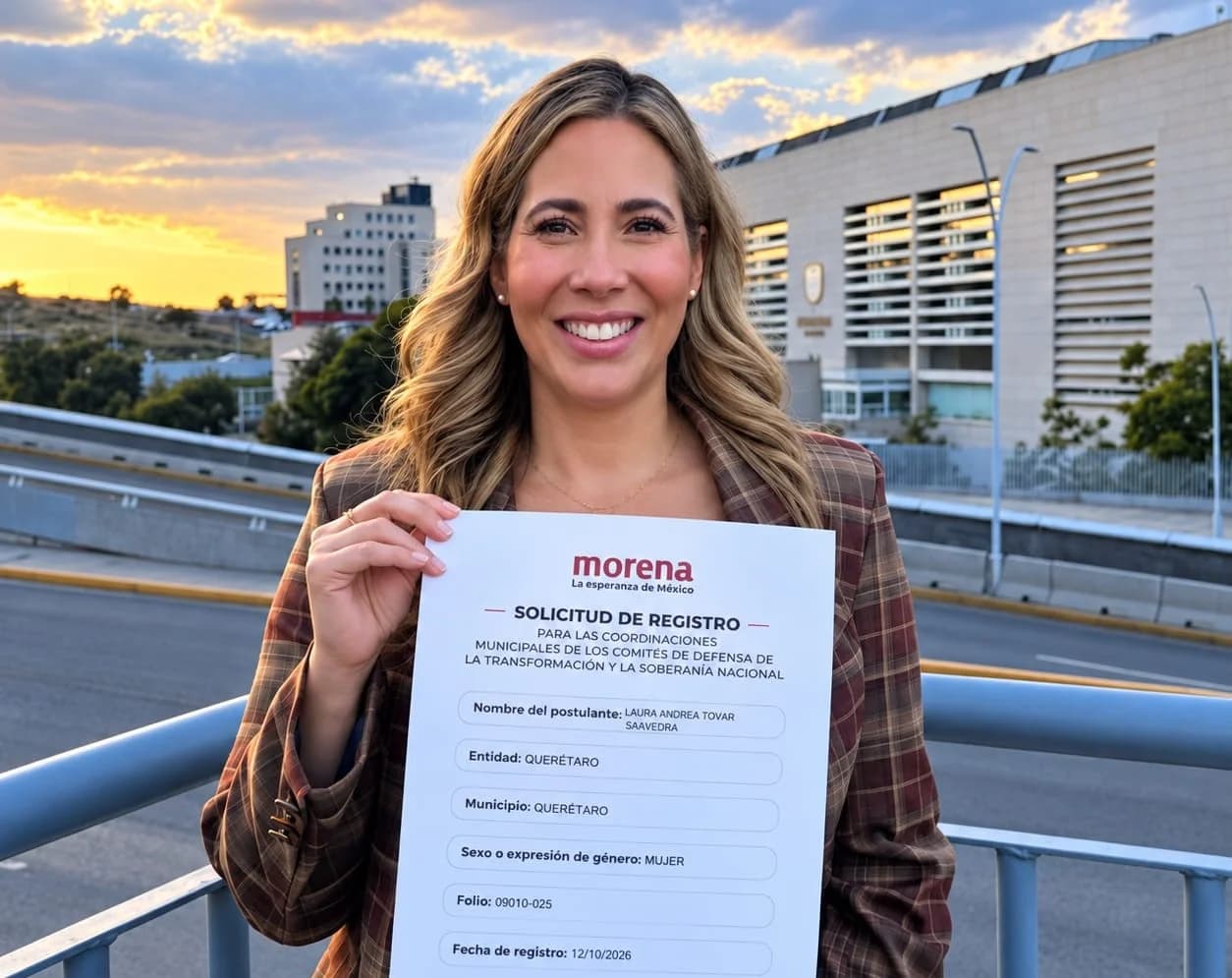 Andrea Tovar sostiene un documento con el logotipo de Morena y el encabezado Solicitud de registro.