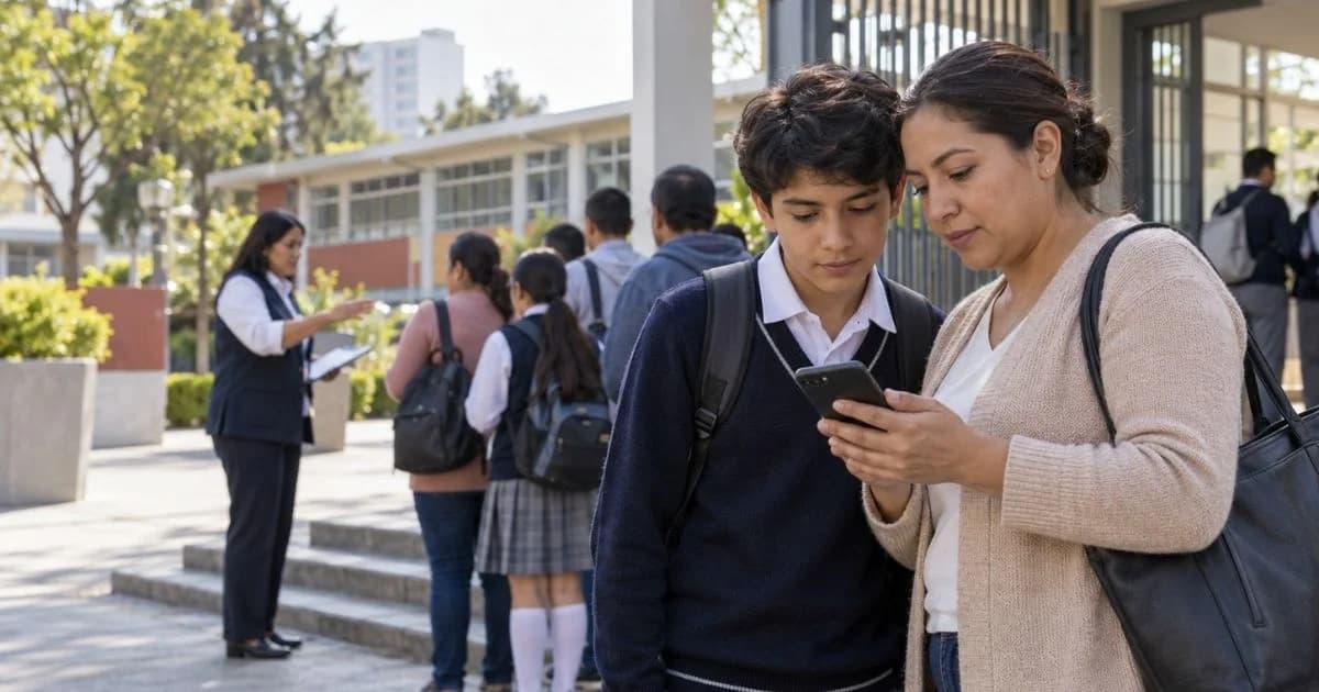 Madre y estudiante revisan un celular a la entrada de una escuela pública.