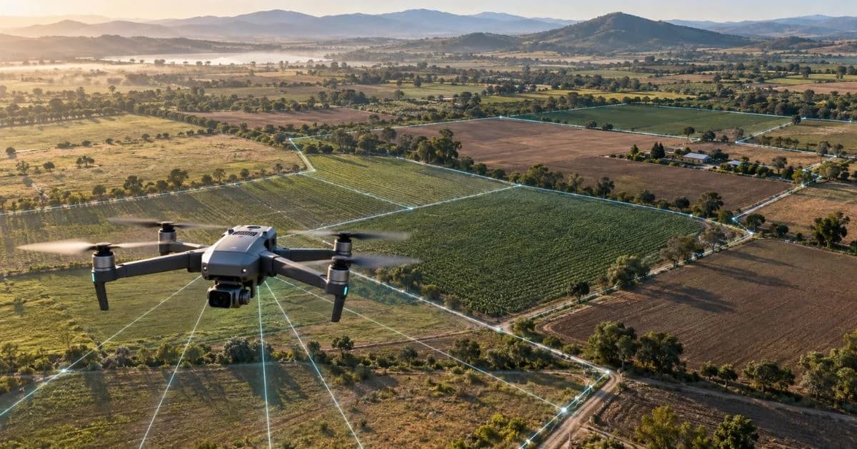 Vista aérea de campos parcelados con líneas de delimitación y montañas al fondo