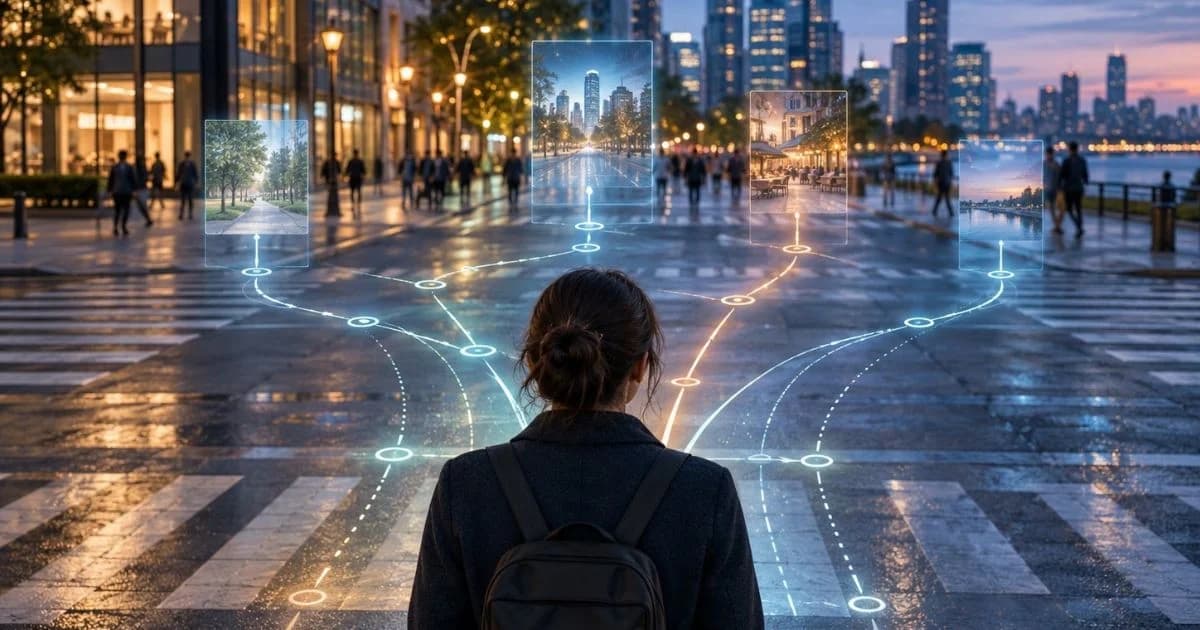 Persona ante rutas luminosas de decisión en una ciudad, ilustración sobre predicción del comportamiento humano con IA.