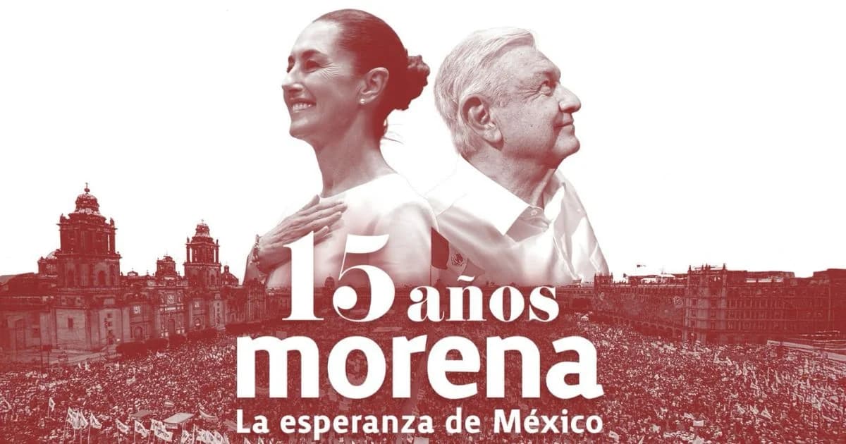 Composición con Claudia Sheinbaum y Andrés Manuel López Obrador por los 15 años de Morena