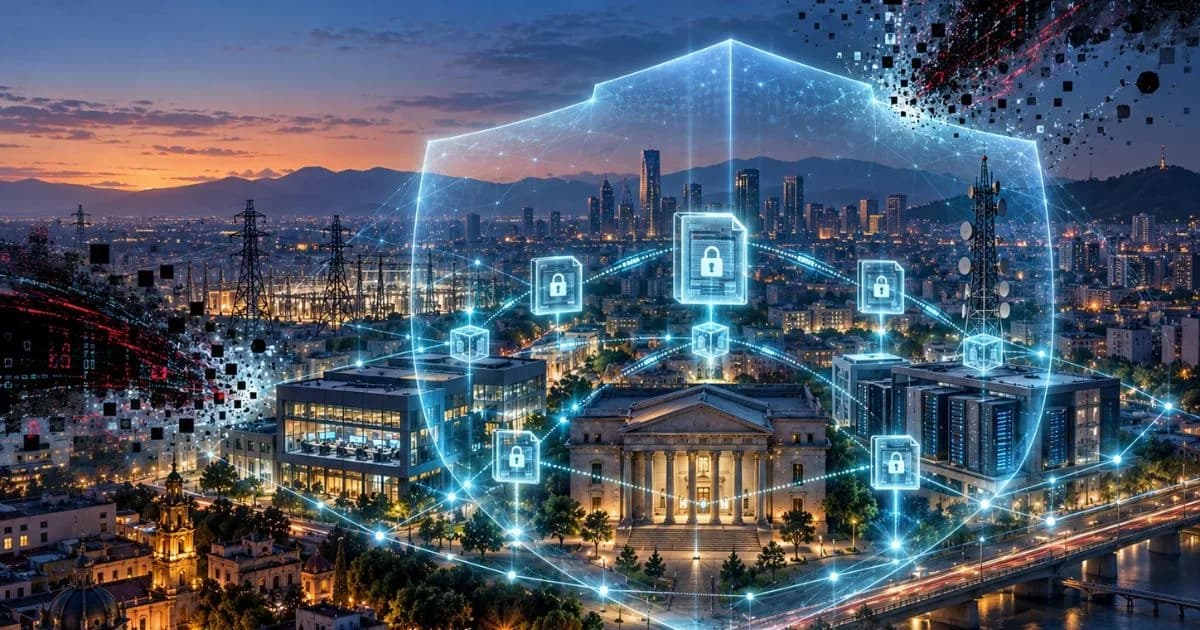 Ilustración conceptual de una ciudad conectada protegida por escudos digitales, candados y redes de datos.